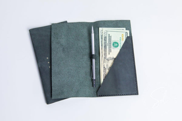 Green-Gray Leather Bill Holder with Pen Loop