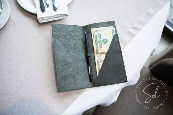 Green-Gray Leather Server Book with Pen Loop