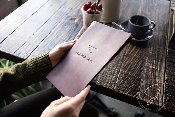 Purple Leather Menu Cover with Elastic Band and logo