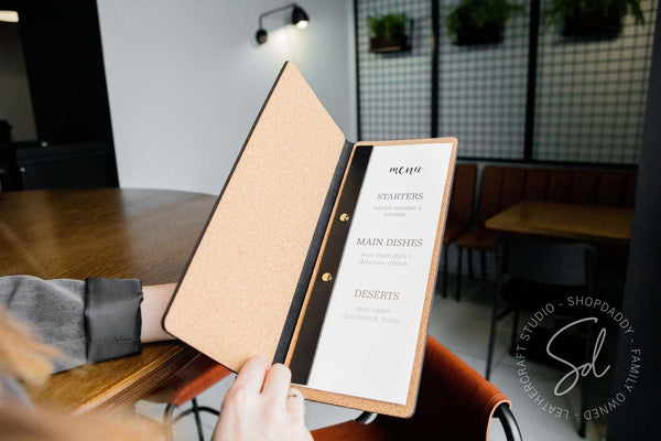 restaurant Black Leather Menu Folder with Cork