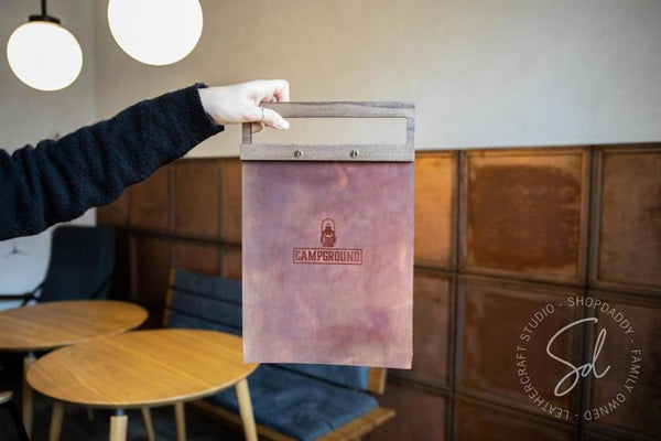 restaurant Rusty Leather Menu Holder with Wooden Handle
