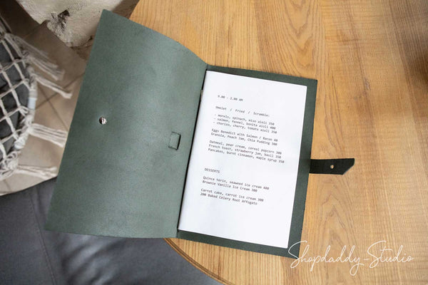 Green Thick Leather Menu Book with Leather Belt