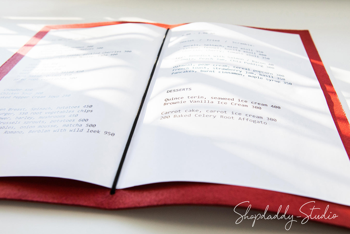 Red Leather Menu Cover with Pattern and logo