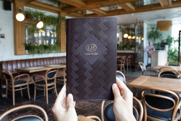 Dark Brown Thick Leather Menu Cover with logo