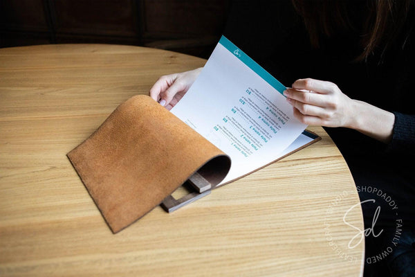 cafe Rusty Leather Menu Holder with Wooden Handle