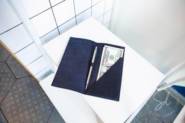 Navy Blue Leather Bill Holder with Pen Loop