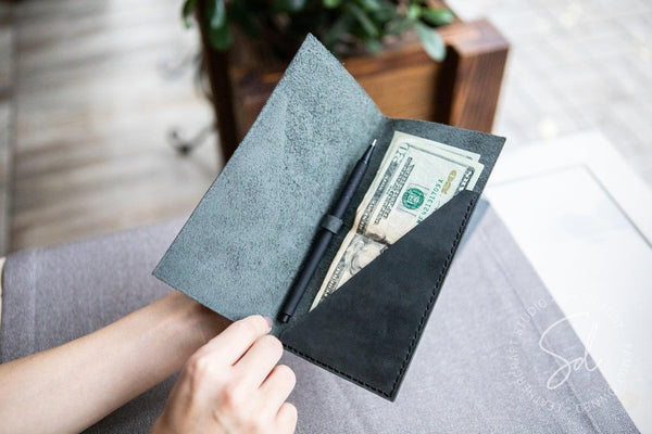cafe Green-Gray Leather Bill Holder with Pen Loop