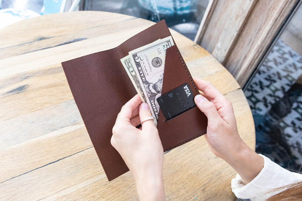 Brown Italian Leather Check Holder with Pen Loop