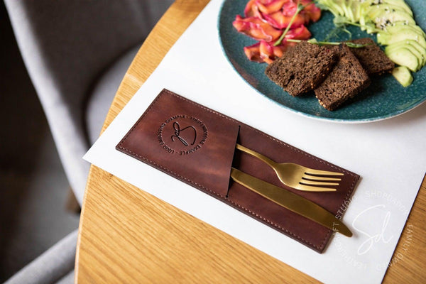 Brown Leather Cutlery Holder for bar