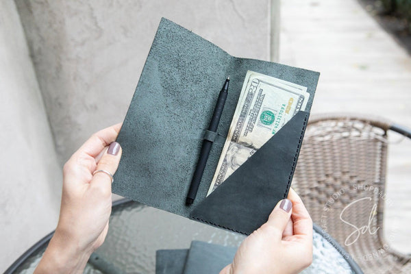 Green-Gray Leather Bill Presenter with Pen Loop