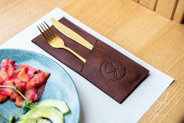 Brown Leather Cutlery Holder with personalization