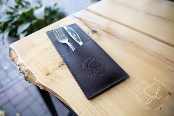 Dark Brown Leather Cutlery Holder with personalization