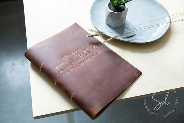 Minimalist Rusty Leather Menu Cover with Steel Rings