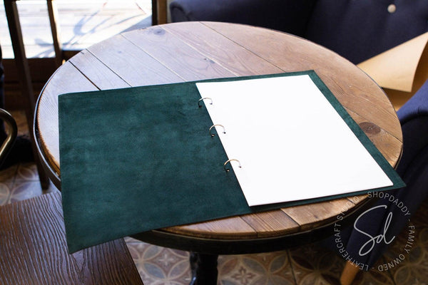 Elegant Green Leather Menu Cover with Steel Rings