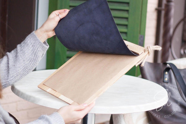 cafe Menu Holder with Leather Cover & Rope