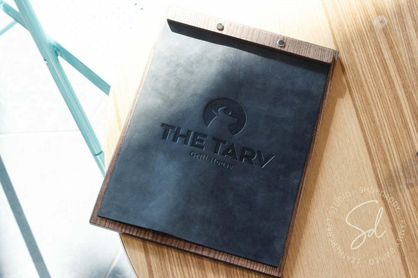 Walnut Menu Board with Leather Menu Cover for drink menu
