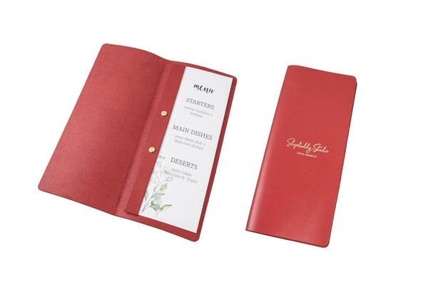 Personalized Red Thick Leather Menu Cover with Plank