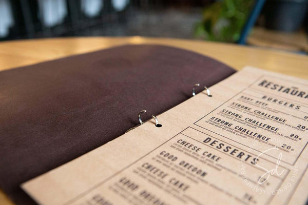 Dark Brown Thick Leather Menu Book with Steel Rings
