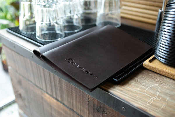 Stylish Dark Brown Thick Leather Menu Cover with Elastic Band