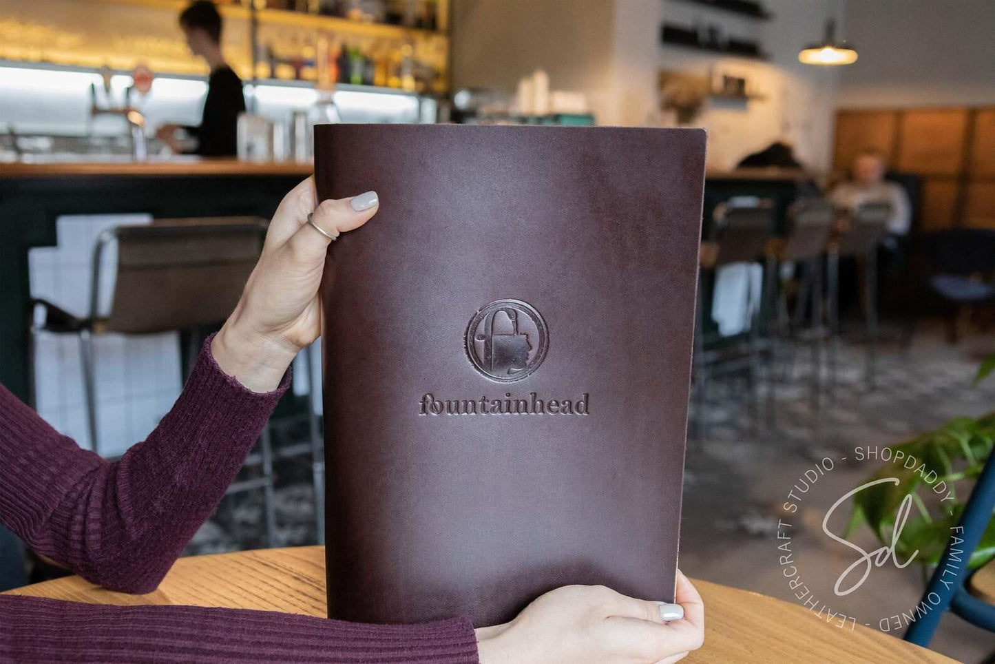 restaurant guest Dark Brown Thick Leather Menu Cover with Steel Rings