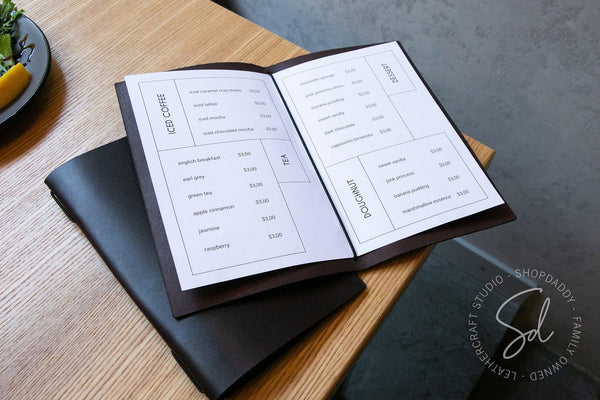 Modern Dark Brown Thick Leather Menu Cover with Elastic Band