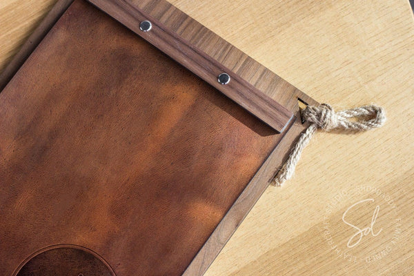 elegant Walnut Menu Board Leather Cover & Rope
