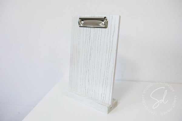 white Angled Wooden Table Stand with Metal Clip for bar