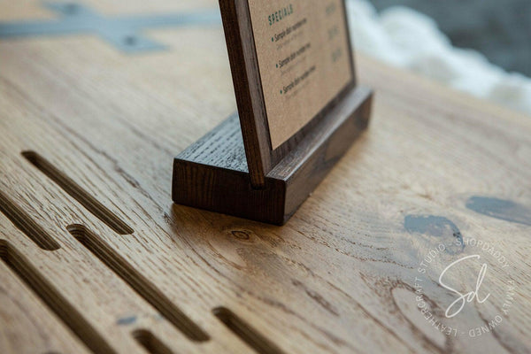 Walnut Angled Wooden Table Stand with Metal Clip for bar