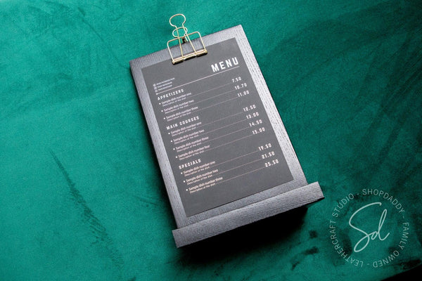 Black Straight Wooden Table Top Stand with Golden Binder for restaurant for drink menu