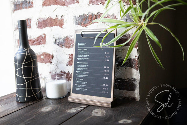 Walnut Angled Wooden Table Stand with Clip for ine menu
