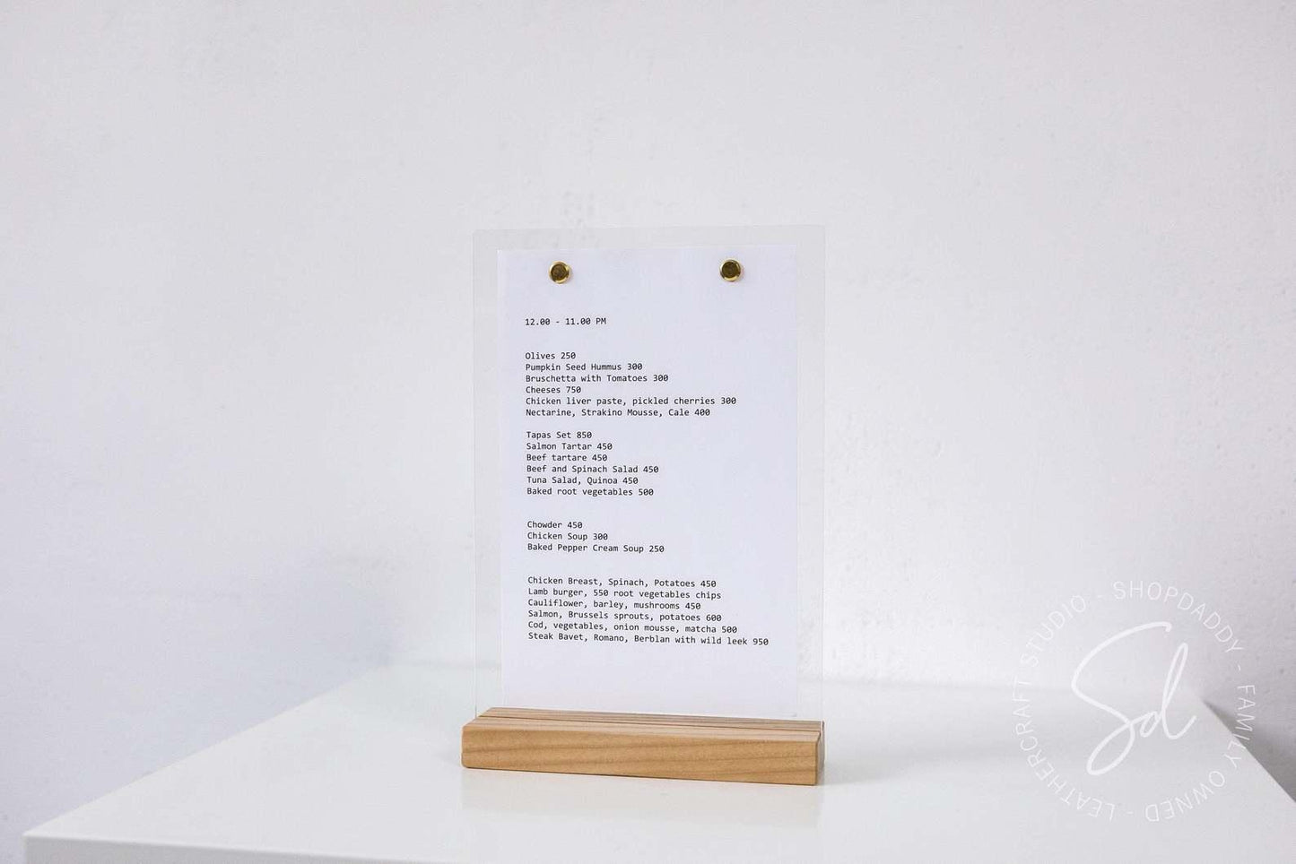 Acrylic Table Menu Stand with wooden base for cafe