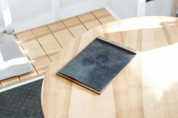 modern Walnut Menu Board with Leather Menu Cover
