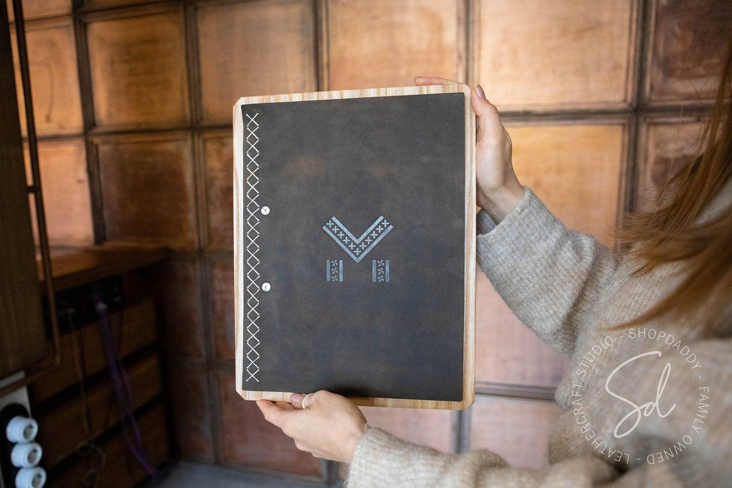 minimalist Lacquer Menu Board with Leather Cover & Stitching