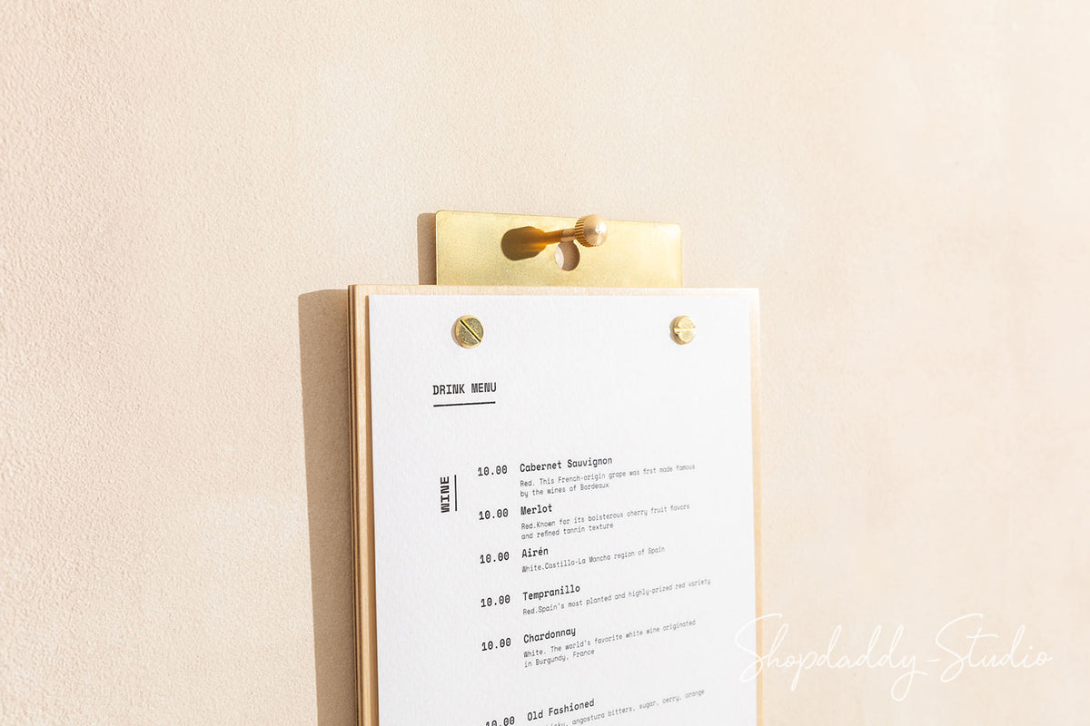 Plywood Lacquer Menu Holder with Brass Wall Mount