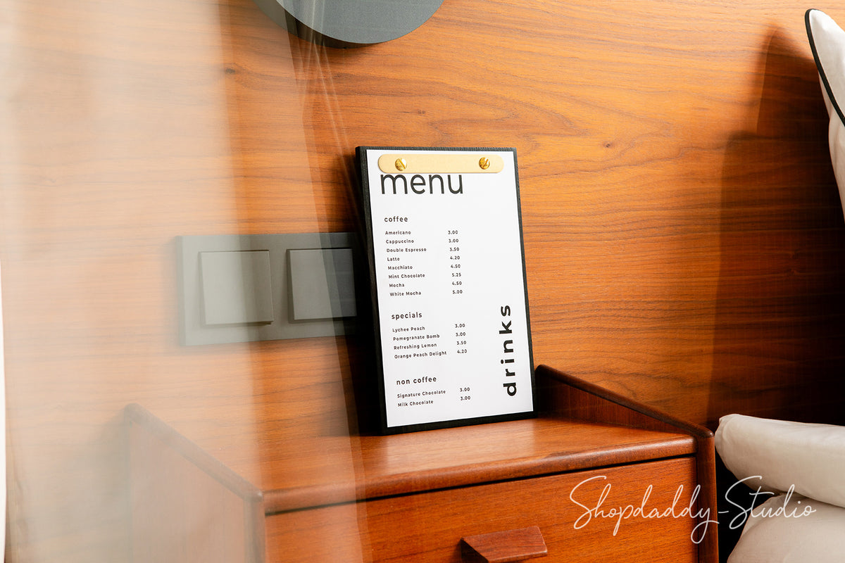 Ashwood Menu Holder with Rounded Brass Plank