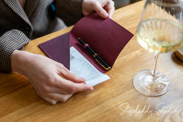 Purple Leather Check Presenter with Pen Loop for Hospitality