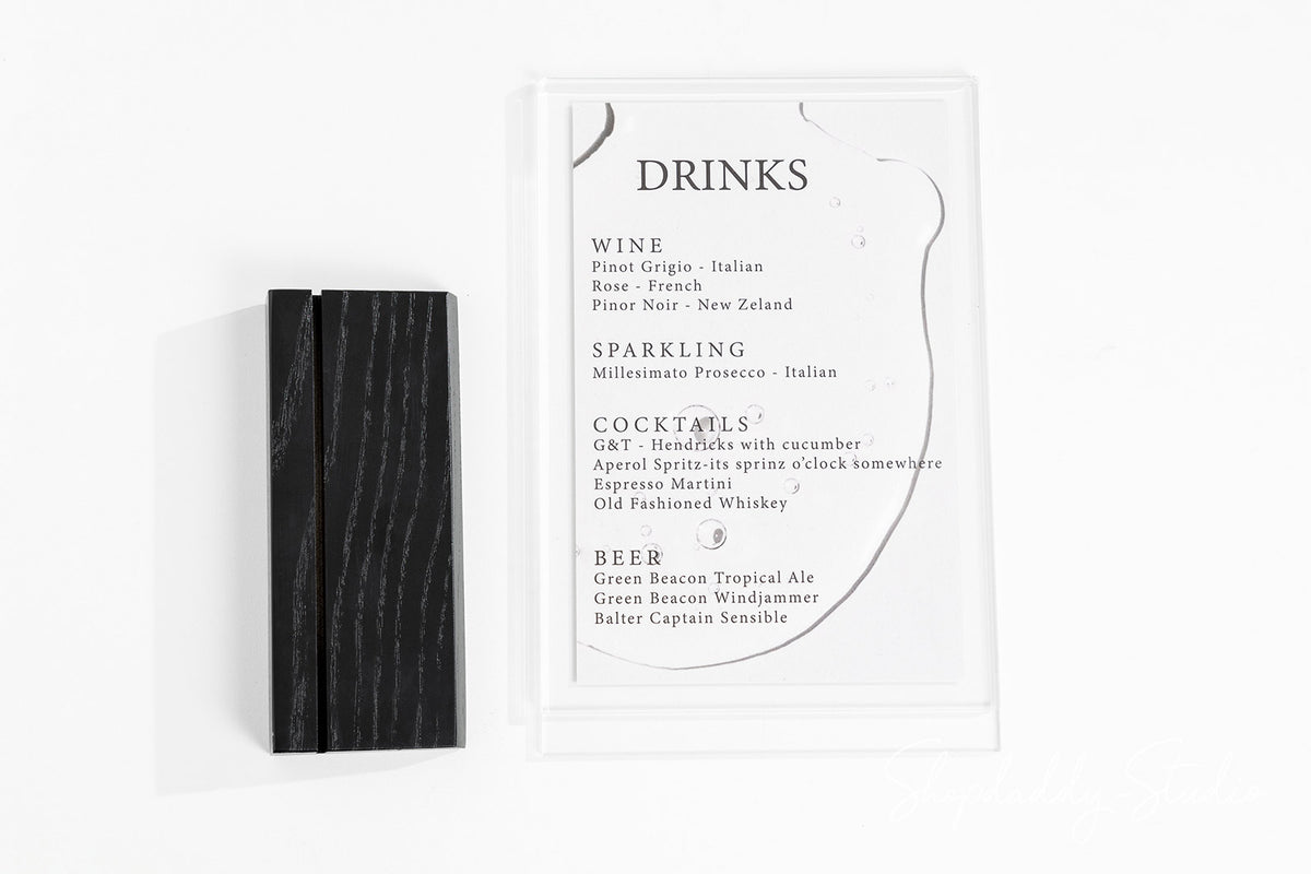 Acrylic Menu Display Stand with Black Wooden Inclined Stand for cafe