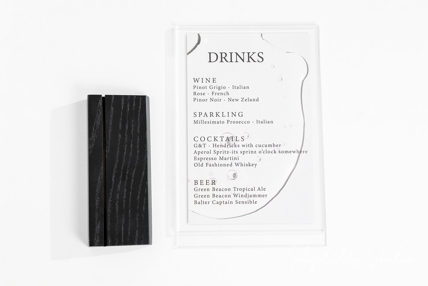 Acrylic Menu Display Stand with Black Wooden Inclined Stand for cafe
