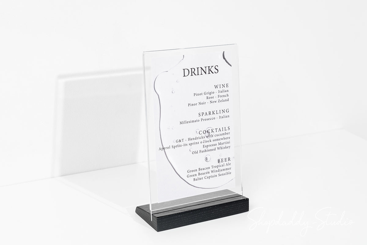 Acrylic Menu Display Stand with Black Wooden Inclined Stand for reception