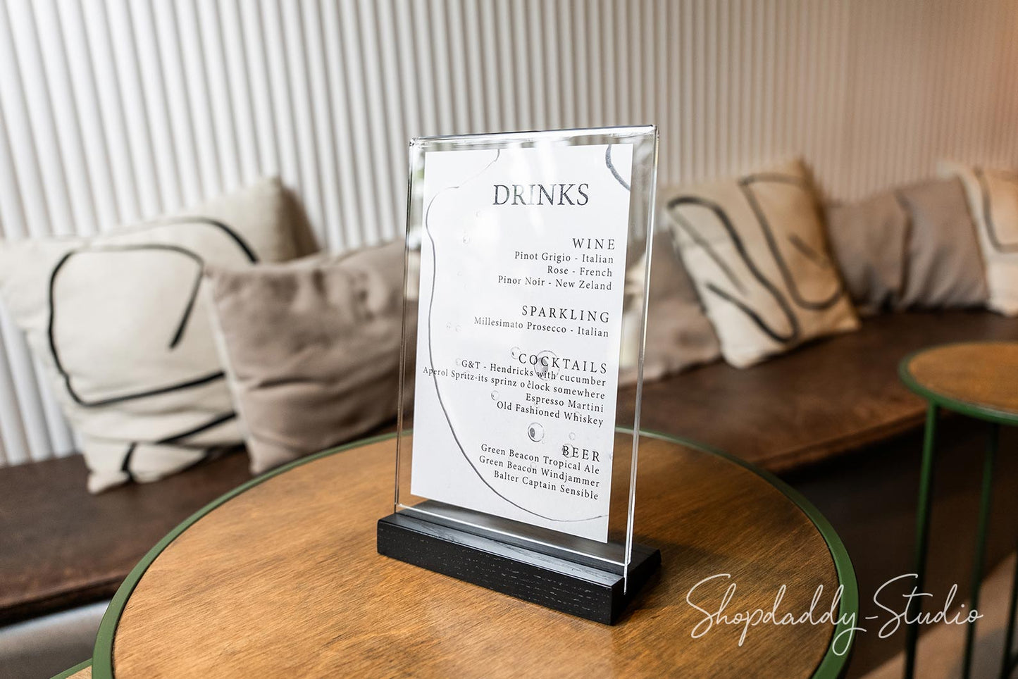 Acrylic Menu Display Stand with Black Wooden Inclined Stand for restaurant