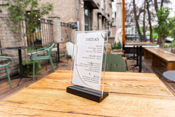 Acrylic Menu Holder with Black Wooden Inclined Stand for restaurant
