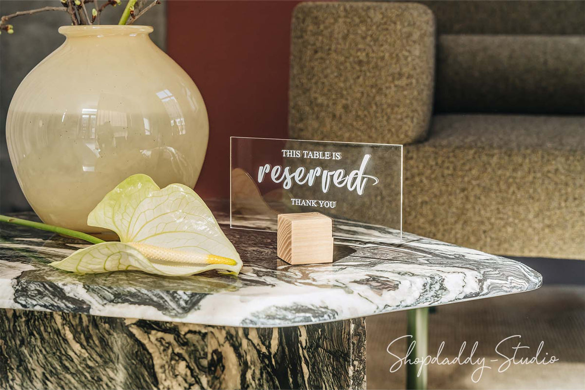 Acrylic Reserved Sign With Cube Wooden Stand for cafe