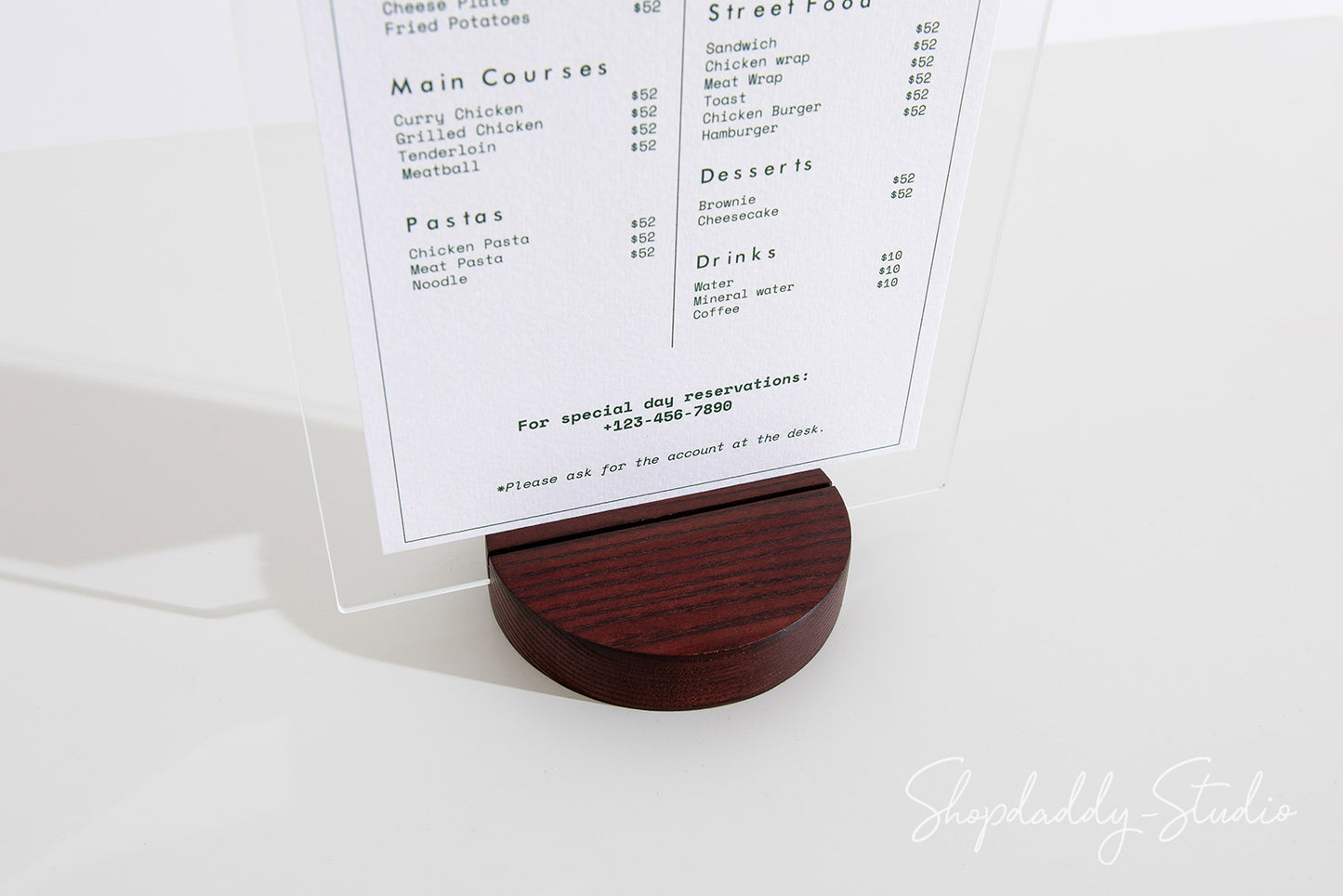 Acrylic Table Drink Menu Holder with Wooden Mahogany Round Stand for bar