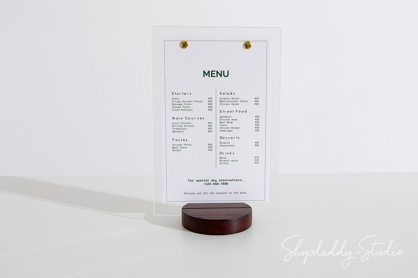 Acrylic Table Drink Menu Holder with Wooden Mahogany Round Stand for cafe