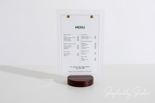 Acrylic Table Drink Menu Holder with Wooden Mahogany Round Stand for cafe