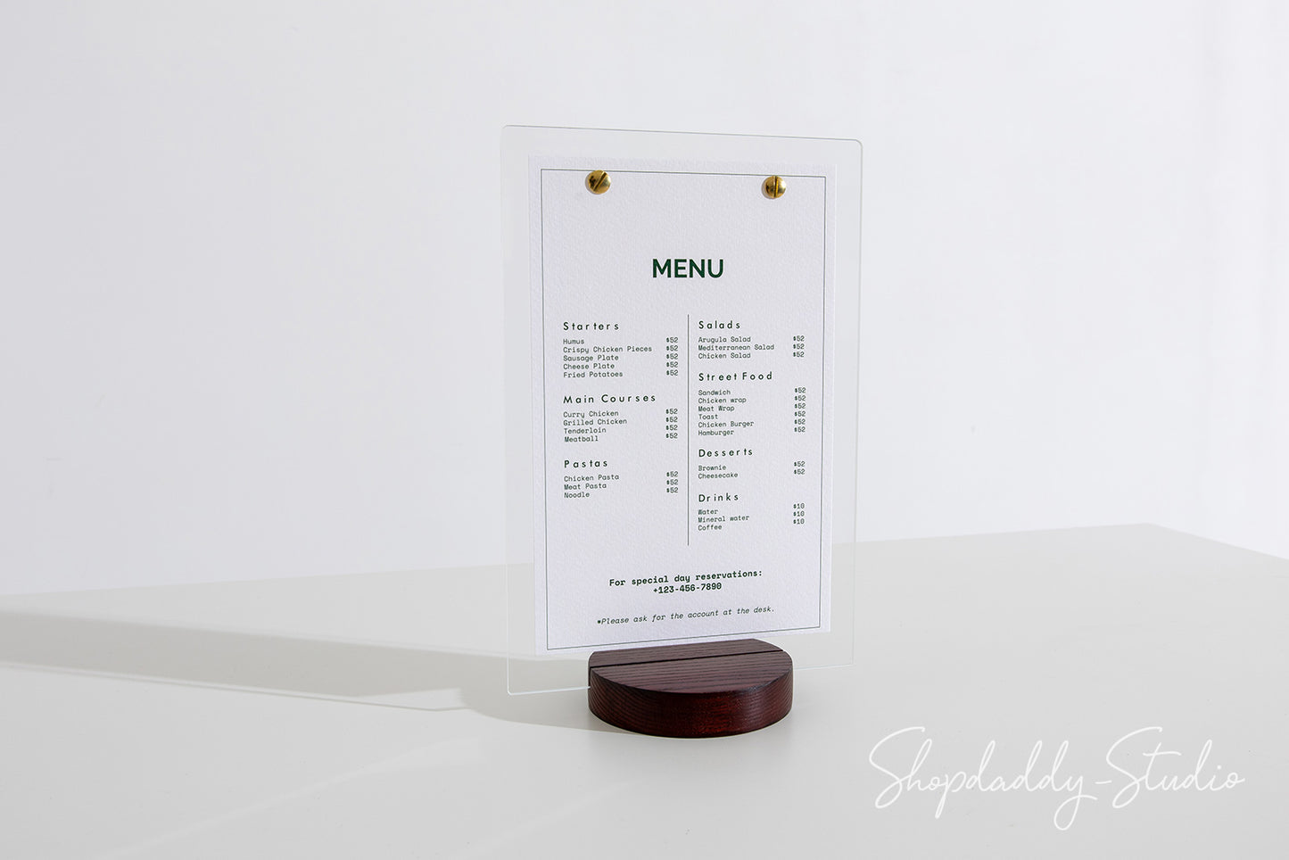 Acrylic Table Drink Menu Holder with Wooden Mahogany Round Stand for restaurant