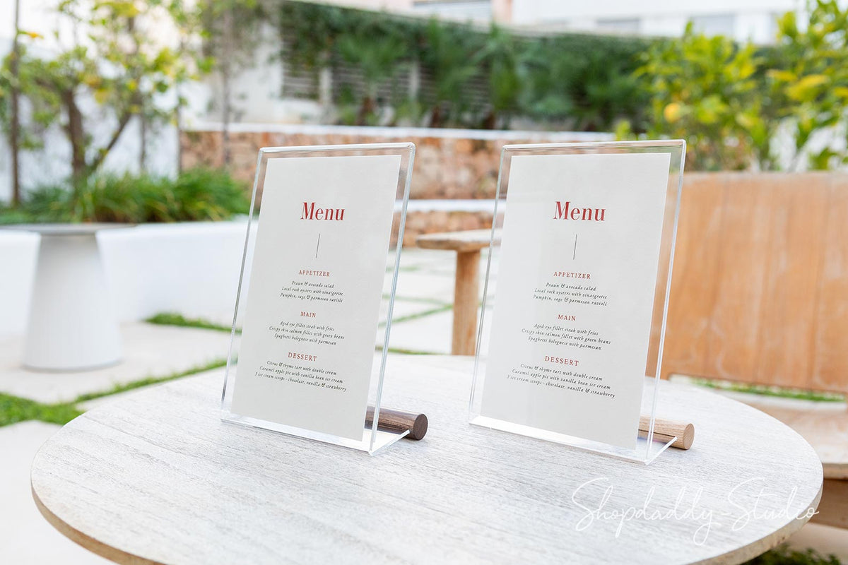 Acrylic Table Menu Holder with Walnut Ashwood Stand for cafe