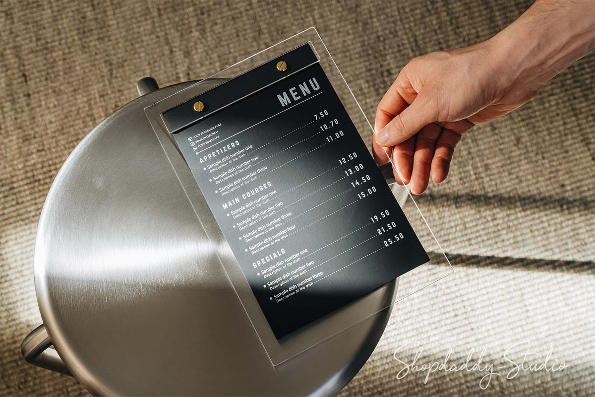 Acrylic Table Menu Stand with wood stand for restaurant