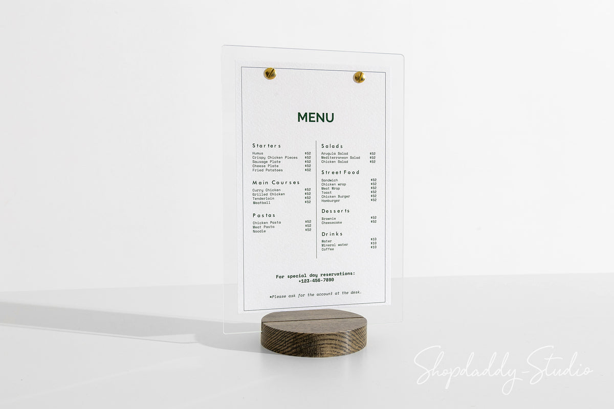 Acrylic Table Stand Menu Holder with Wooden Walnut Round Stand for bar