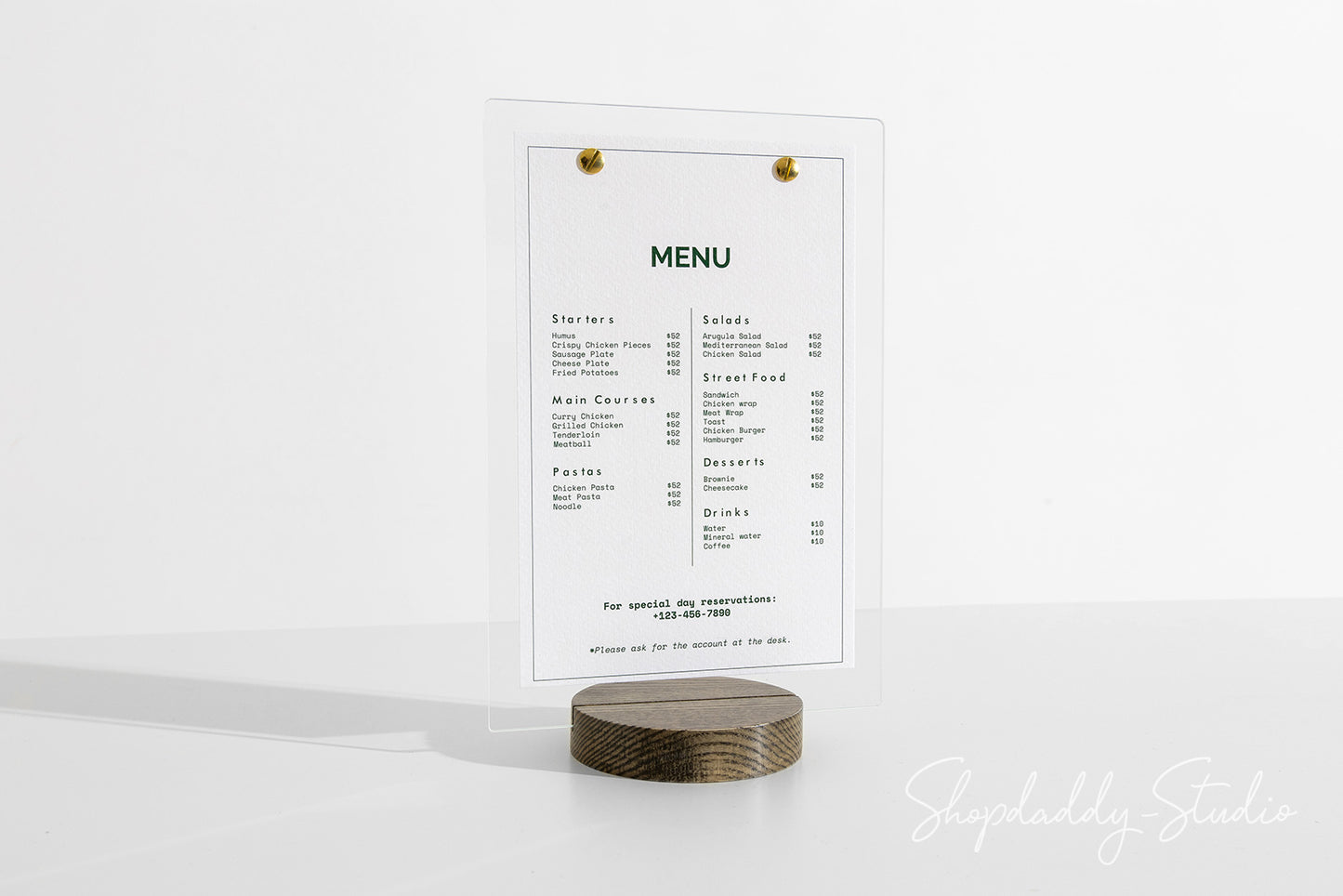 Acrylic Table Stand Menu Holder with Wooden Walnut Round Stand for bar